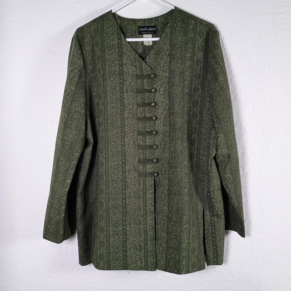 Vintage 90s Chad's Place Green Jacquard Tunic Jacket Button Front USA Women 18